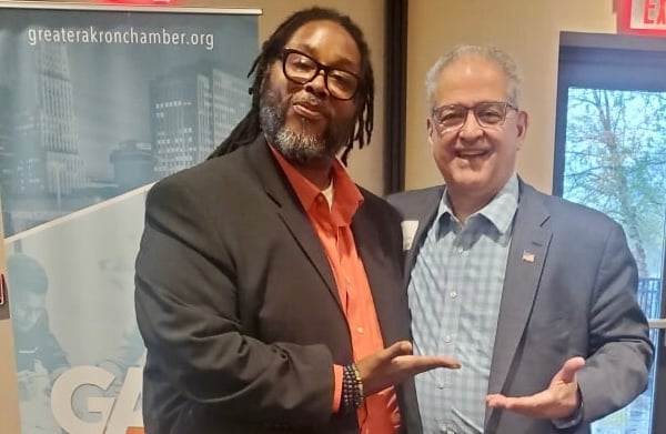 Event Emcee Tim Dimoff and colleague at the Greater Akron Chamber of Commerce. Tim is a regular keynote speaker for regional and national conferences and other business events.